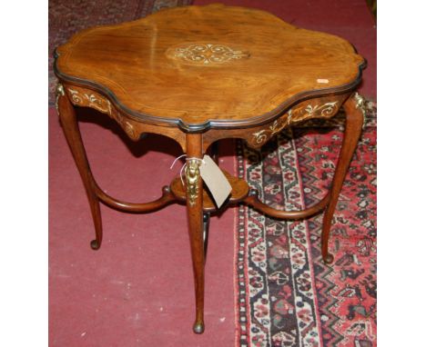 A circa 1900 rosewood, floral satinwood, ivory inlaid and further strung shaped top occasional table, having floral gilt meta