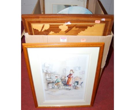 A box of assorted pictures, prints, marquetry panel etc