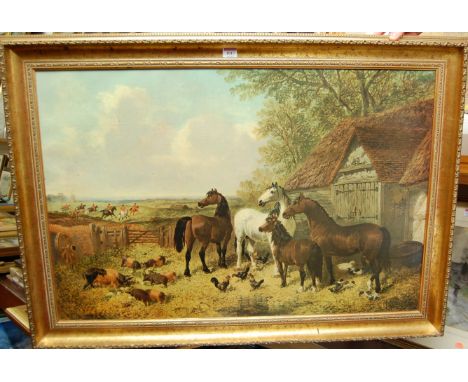 After J.F. Herring - Farmyard scene, reproduction oleograph; together with two amateur oils (3)