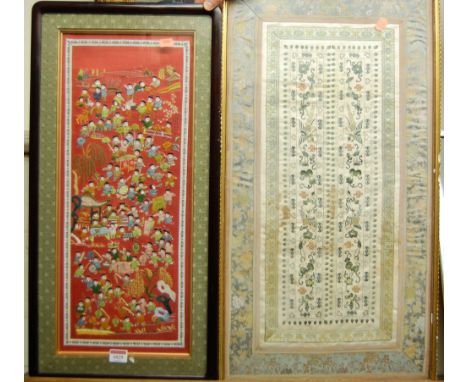 A Japanese framed silkwork panel 68x35cm; and one other slightly smaller example depicting figure scenes (2)