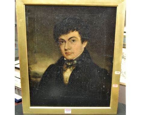 Early 19th century school - Half-length portrait of a young man, oil on canvas, inscribed verso, 49 x 39cm.All over craquelur