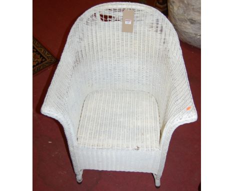 A pair of Ercol dark elm splat back elbow chairs, together with a LLoyd Loom white painted wicker tub conservatory chair (3)