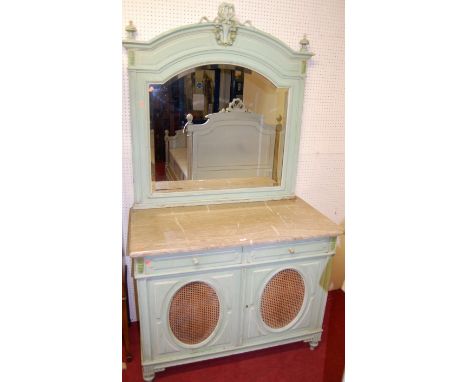 A circa 1900 provincial French painted and marble topped mirror back dresser, the arched carved bow surmount over bevelled mi