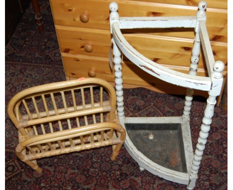 A painted bobbin-turned corner stickstand; together with a bamboo twin division magazine stand (2)