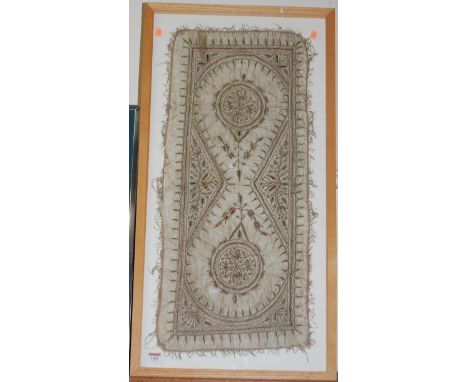 A 19th century silkwork panel, woven with gold thread, 80 x 36cm, housed in a modern glazed frame