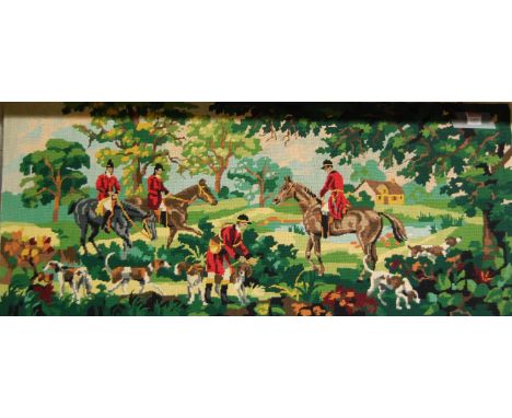 A woolwork panel depicting hunting scene, 48x110cm