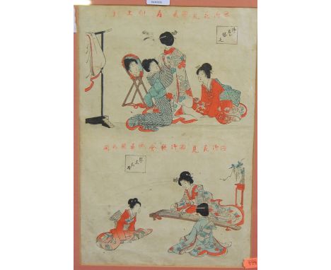 A Japanese Meiji period wood block print, signed and with studio seal, 36x24cm, together with an Indian framed silkwork (2)