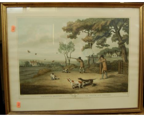A gilt framed convex wall mirror together with sporting prints, and a woolwork panel depicting hunting scene (4)