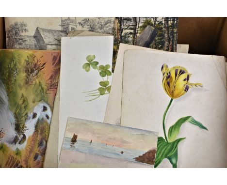 A rummage box of ephemera - sketch books - paintings etc to include autograph book; Jersey postcard album; newspaper cuttings
