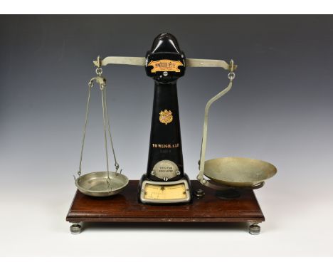 A set of Victorian Pooley & Son shop scales the scales with original retail transfers and ' TO WEIGH. 1. LB ', class B, toget