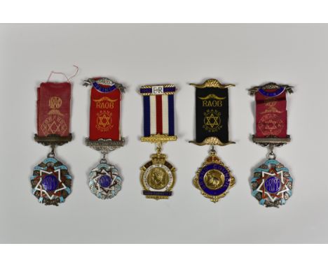 Five enamel silver and silver gilt Guernsey related RAOB jewels four relating to Sarnia Lodge 3003, three of which presented 
