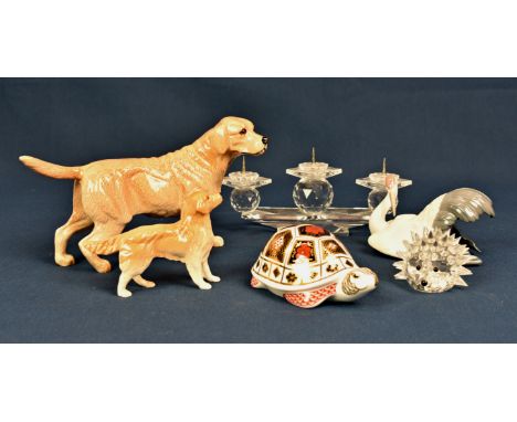 A Royal Crown Derby tortoise paperweight together with a Lladro 1599 crane; a Royal Doulton Golden Retreiver; a Beswick Golde