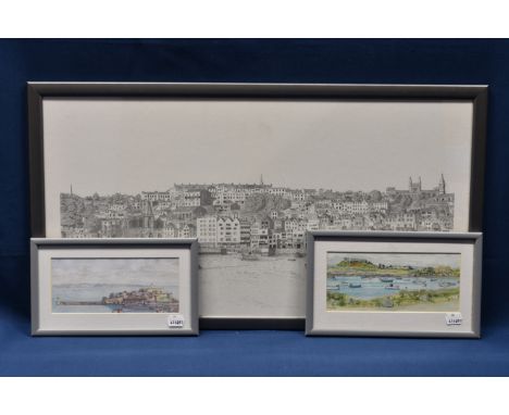 Print of St Peter Port seafront by Paul Ozanne together with two small Penny Dorey prints. (3)  