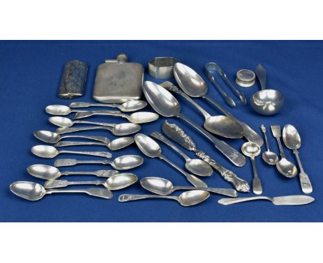 A quantity of various silver collectables comprising of an engine turned hip flask (a/f); Holland sauce ladle; spectacle case