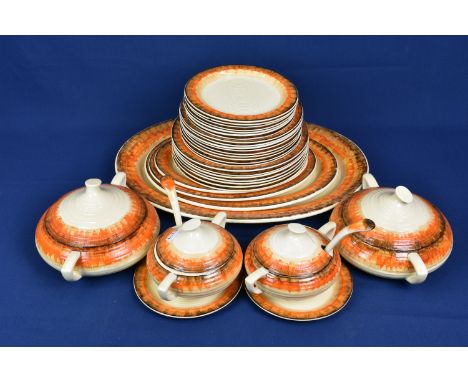 Clarice Cliff dinner ware decorated in the orange Aura pattern, c. 1934, with Bizarre and Wilkinson pottery backstamps, compr