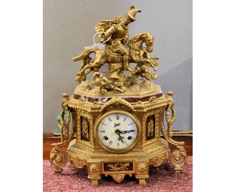 A brass and marble continental style mantle clock marked 'Walt' to dial.  