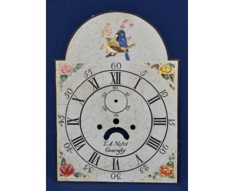 A longcase clock plate - I. A. Naftel Guernfey painted with floral sprays to corners and birds to the upper.  