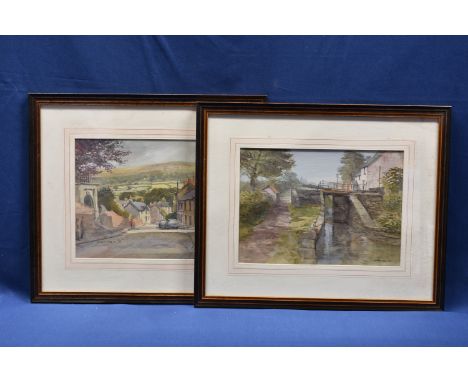 Arthur Miles - Pair of watercolours the first of a village scene with figures, two parked cars and the hills in the backgroun