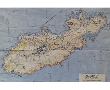 An Alderney Ordnance Survey map - revised from Air photographs Jan 1943 mounted.  