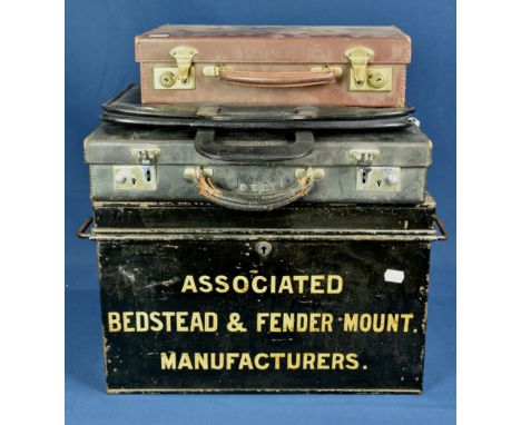 A vintage metal document tin inscribed 'BEDSTEAD AND FENDER MOUNT MANUFACTURERS' together with three various vintage suitcase