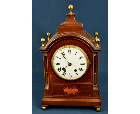 An Edwardian mahogany and marquetry bracket clock by Vincenti and Cie No 1325.64, the twin train movement striking on a gong,