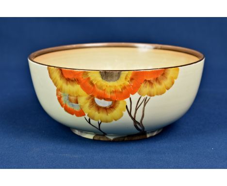 Clarice Cliff Bizarre Rhodanthe pattern bowl with orange yellow floral pattern and brown decoration to the exterior and inter
