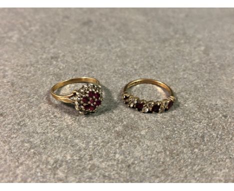 A 9ct gold, ruby and diamond cluster ring; together with a 9ct gold, ruby &amp; CZ ring. (2)  