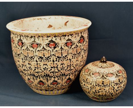 A Chinese black ground ovoid jar and cover and matching jardiniere (2) 