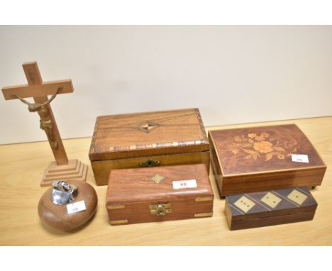 A late 19th/early 20th century inlaid walnut box, of hinged rectangular form with inlaid central lozenge and edge detail, inn