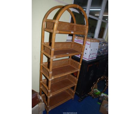 A bamboo and cane shelf unit with five shelves, 25" wide x 12" depth x 67" high.