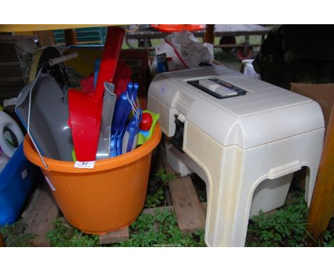A Curver step stool, storage box, bucket of hand brushes, cleaning products, etc.