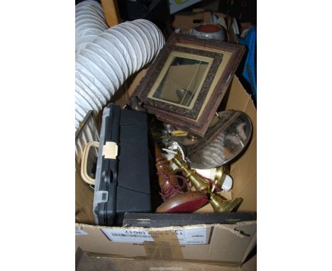 A small quantity of brass candlestick and a brass scoop, some plated silver, etc.