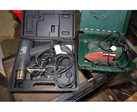 A Bosch multi sander (cased) and a hot air gun.
