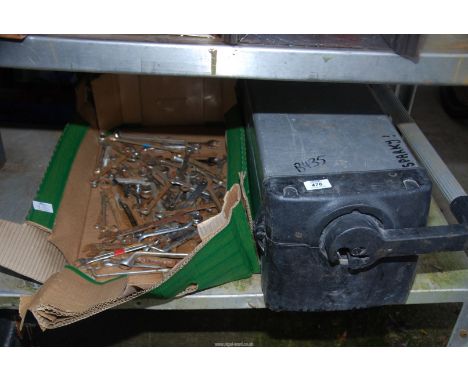 A plastic container tool box and contents, a small quantity of sockets and a tray of various spanners.