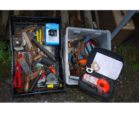 Two boxes items including Black & Decker laser level, tools, etc.
