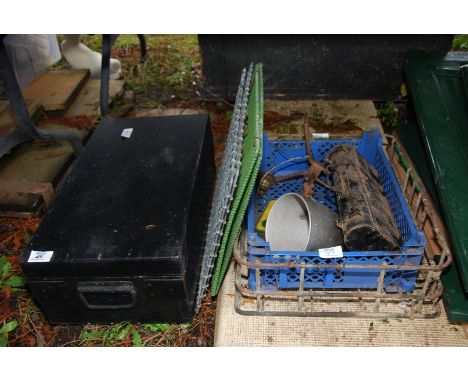 A wire basket, mesh panels, floor standing lamp and a wooden tool box with various hand tools.