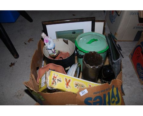 An enamel bin with lid, a puppet, Wolf garden shears, etc.