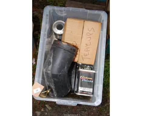  A box of teacups, flue pipe, pair of indispension units to fit Mini wheels, etc.