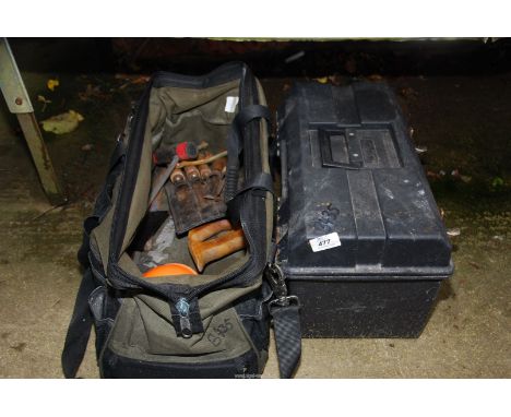 A "Workzone" tool bag and a plastic tool box with combination spanners, etc.