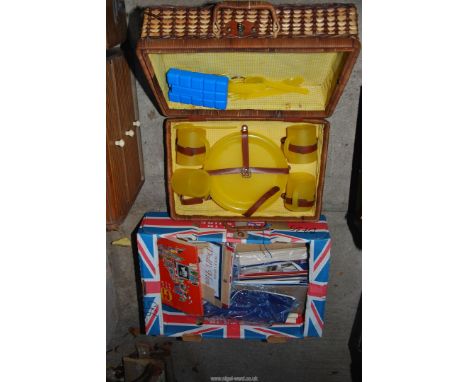 A quantity of dolls house pieces, a plastic picnic hamper, etc.