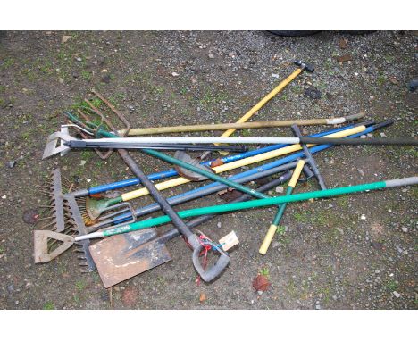 Gardening tools including rakes, hoes, spades etc.