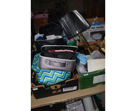 A number of ladies bags, makeup bags, etc. lamp shade, etc.