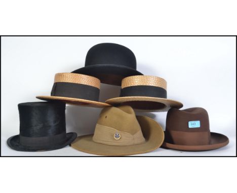 A collection of vintage gentleman's hats to include straw boaters, top hat, bowler, Australian military etc please see images