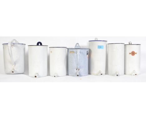 A collection of Industrial Laboratory enamel pots to include wall hanging etc. Varying colours and sizes some with notation a