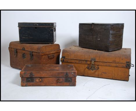 2 early 19th and 20th century large tin steamer trunks - tack chests of varying shape and size together with an early 20th ce