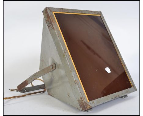 A 1950's mid century Industrial pendant triangular hanging light with coloured shade. Original notation for Kodak ' Pyramid s