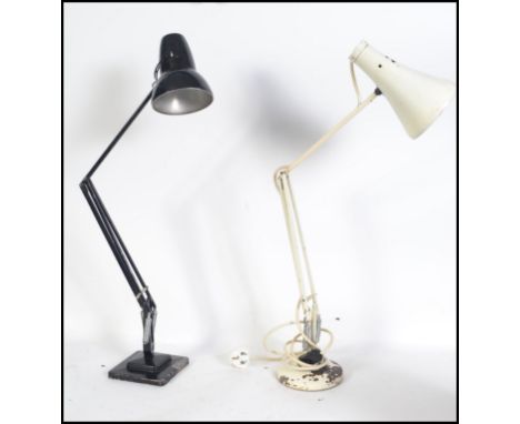 A vintage 20th century Herbert Terry 2 step square base anglepoise Industrial desk lamp with pendant shade along with another