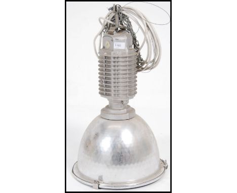 An Industrial factory pendant light with half moon shade in the manner of Zumbotel. Complete with chain. Measures: 62cms high