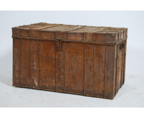 A late 19th century tin steamer trunk chest of square form. Banded effect finish with hinged lid and clasp to front.