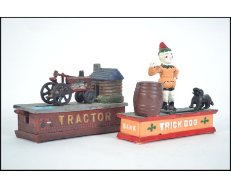 2 vintage style cast iron painted money boxes to include trick dog and tractor. Each with notation having sprung movement act